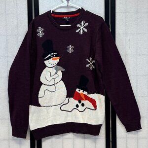21 Men Graphic Snowman Snowflake Holiday Knit Sweater L Maroon Long Sleeve Cozy